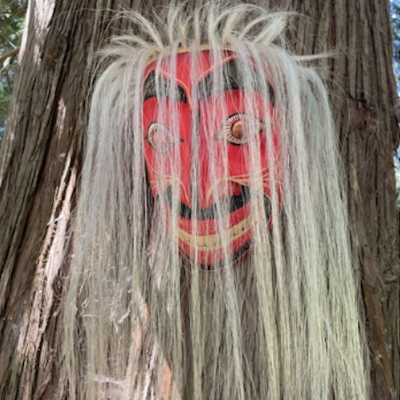 Vancouver First Nations Mask Carving - red mask with hair
